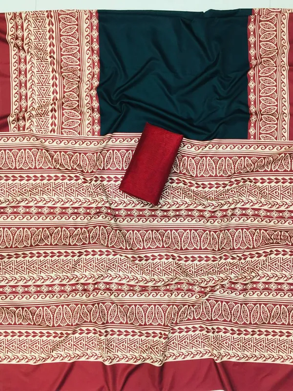 Black_And_Red_Linen_Saree_With_Unstitched_Blouse_Piece