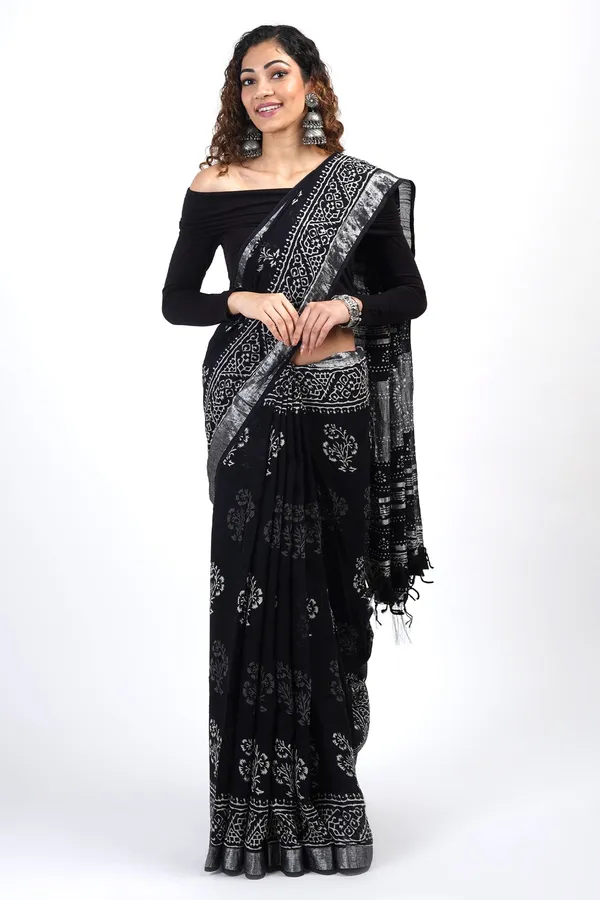 Chandani_Black_Digital_Block_Print_Linen_Saree_With_Blouse_Piece