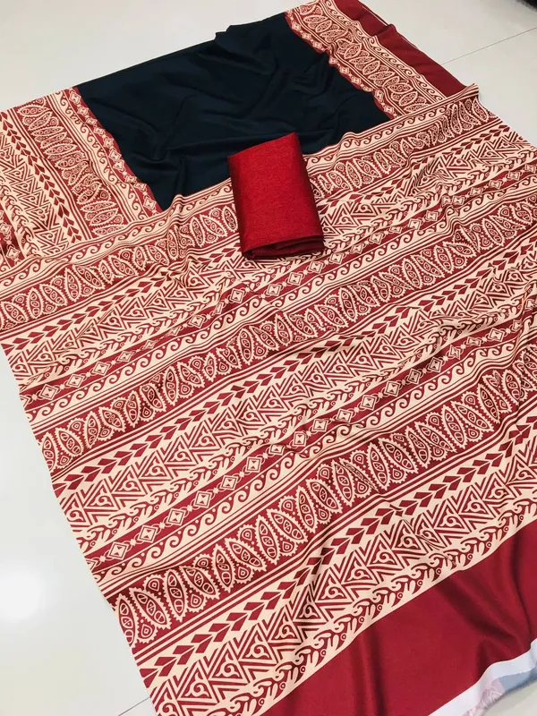 Black_And_Red_Linen_Saree_With_Unstitched_Blouse_Piece