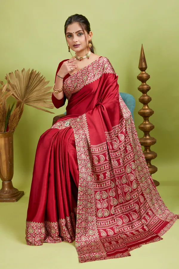 New_Attractiev_Semi_Gajji_Ajarkh_Rust_Pallu_Silk_Saree_With_Blouse