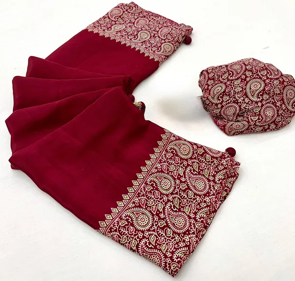 New_Attractiev_Semi_Gajji_Ajarkh_Rust_Pallu_Silk_Saree_With_Blouse