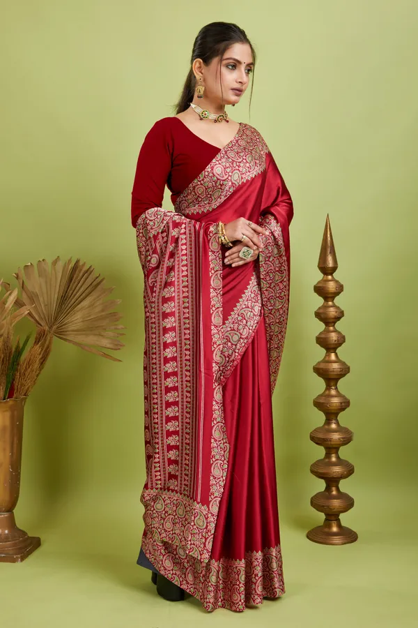 New_Attractiev_Semi_Gajji_Ajarkh_Rust_Pallu_Silk_Saree_With_Blouse
