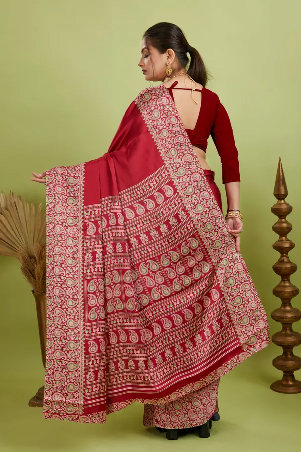 New_Attractiev_Semi_Gajji_Ajarkh_Rust_Pallu_Silk_Saree_With_Blouse