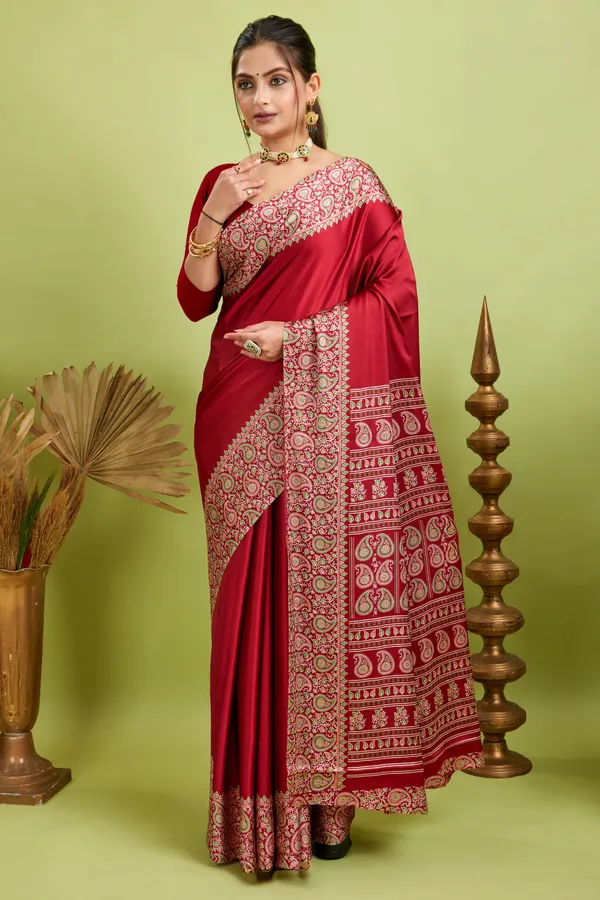 New_Attractiev_Semi_Gajji_Ajarkh_Rust_Pallu_Silk_Saree_With_Blouse
