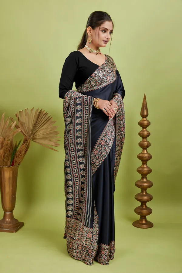 New_Attractive_Semi_Gajji_Ajrakh_Rust_Pallu_Silk_Saree_With_Blouse