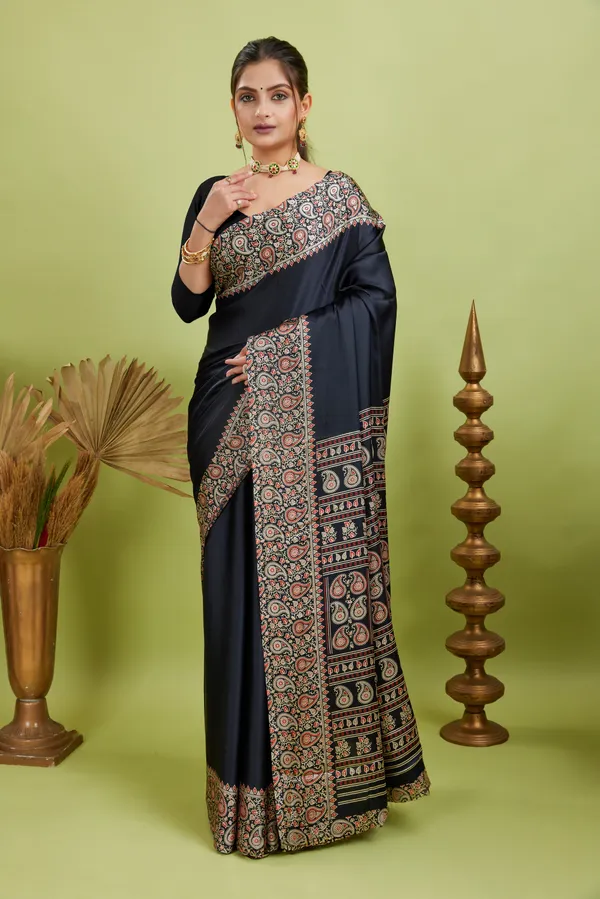 New_Attractive_Semi_Gajji_Ajrakh_Rust_Pallu_Silk_Saree_With_Blouse