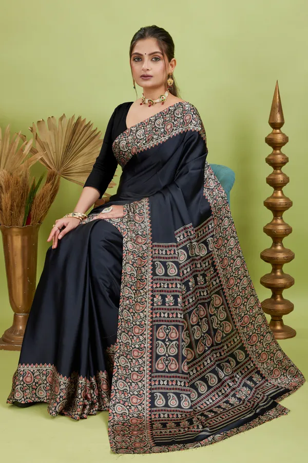 New_Attractive_Semi_Gajji_Ajrakh_Rust_Pallu_Silk_Saree_With_Blouse