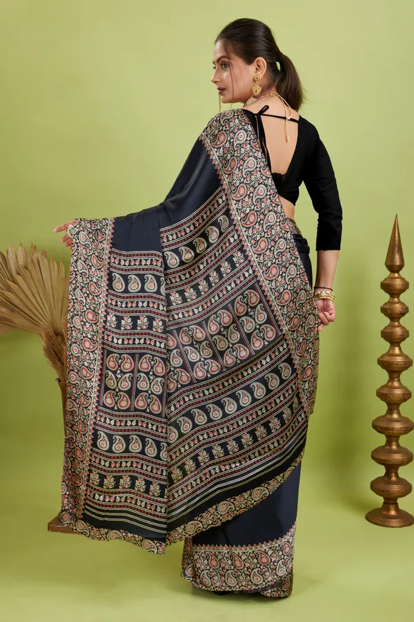 New_Attractive_Semi_Gajji_Ajrakh_Rust_Pallu_Silk_Saree_With_Blouse