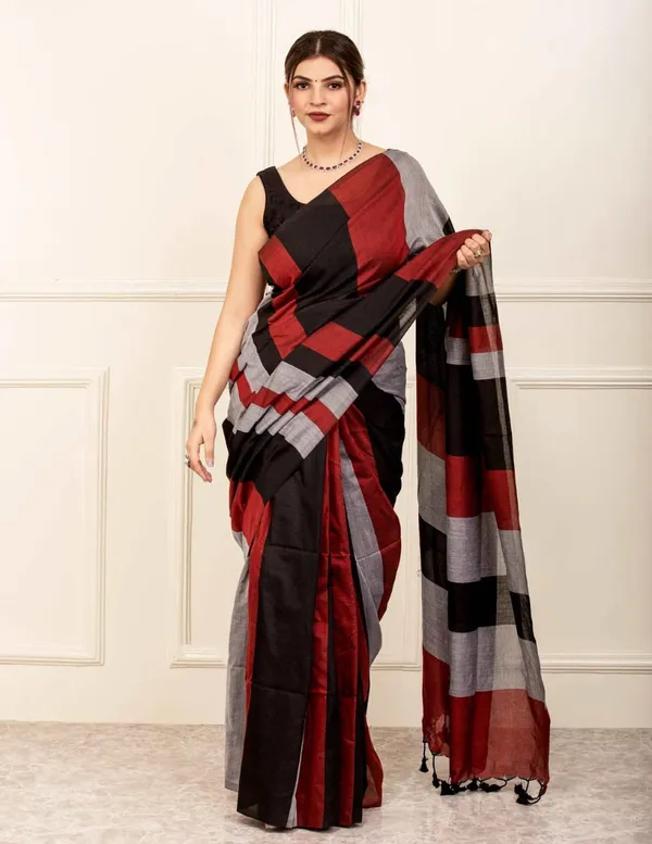 Black_Marron_Linen_Saree_With_Blouse_Piece