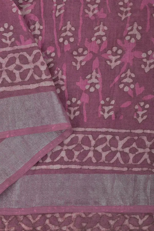 New_Tint_Of_Tulip_Digital_Block_Print_Linen_Cotton_Saree_With_Blouse_Piece