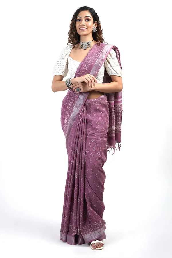 New_Tint_Of_Tulip_Digital_Block_Print_Linen_Cotton_Saree_With_Blouse_Piece