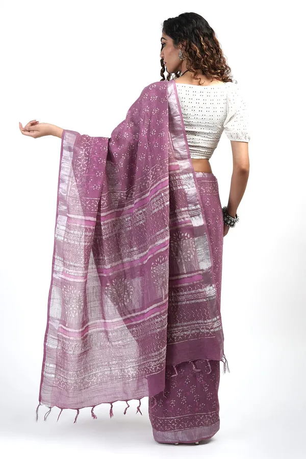 New_Tint_Of_Tulip_Digital_Block_Print_Linen_Cotton_Saree_With_Blouse_Piece
