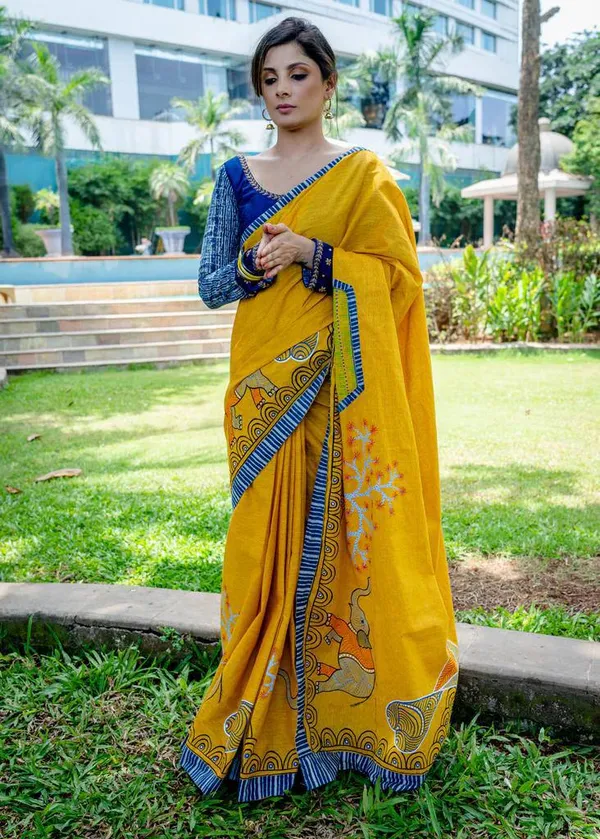 Musterd_Linen_Saree_With_Blouse_Piece