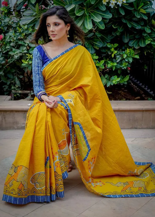 Musterd_Linen_Saree_With_Blouse_Piece