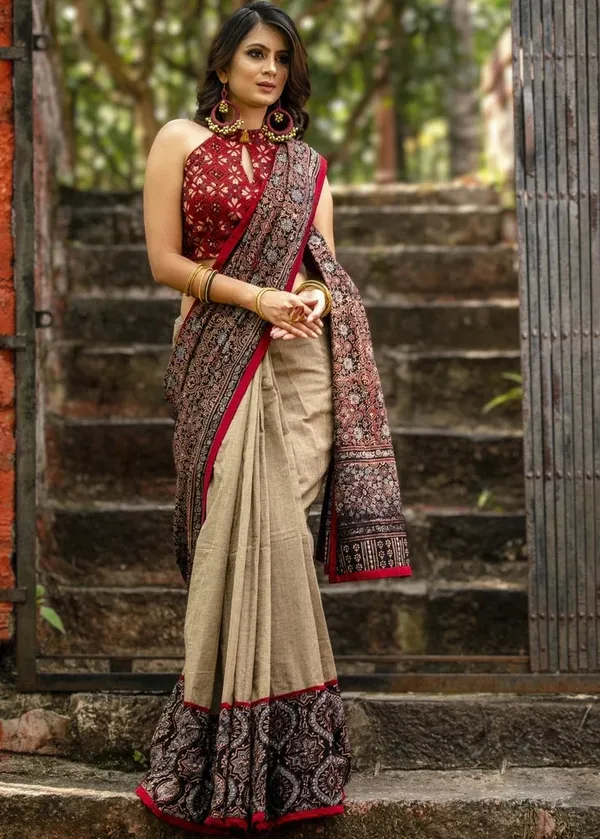 Exclusive_Block_&_Combination_Linen_Saree_With_Blouse_Piece
