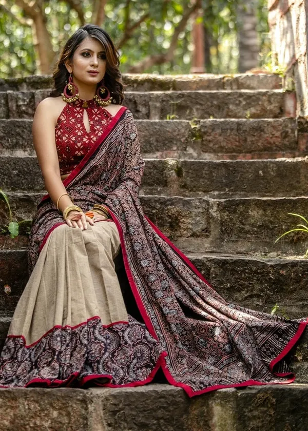 Exclusive_Block_&_Combination_Linen_Saree_With_Blouse_Piece