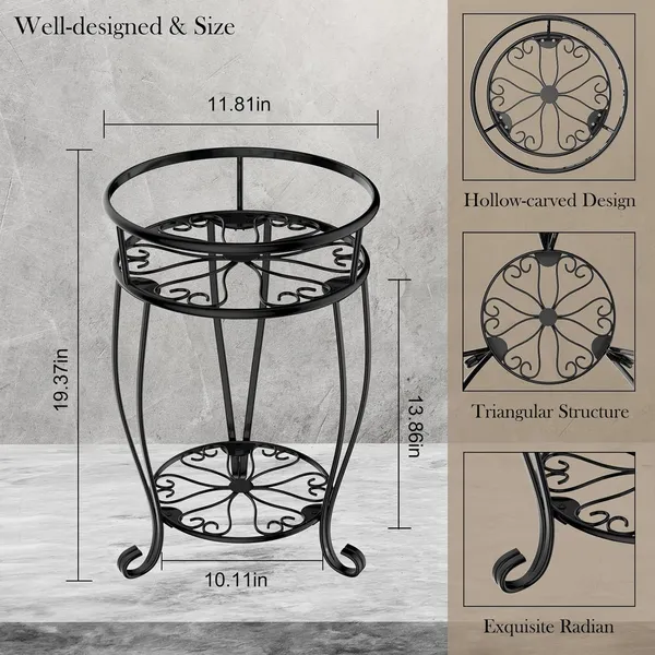 Black_Veakoo_Metal_Plant_Stand_Indoor_Outdoor,2_Tier_Tall_Flower_Pot_Shelf_Planter_Holder_Pedestal_Round_Sheves_Rustproof_Wrought_19.37_Inch_30_x_30_x_49.2_Centimeters