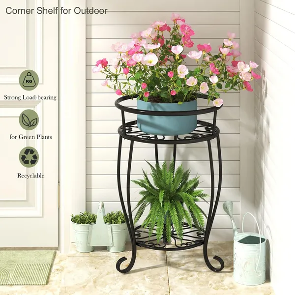 Black_Veakoo_Metal_Plant_Stand_Indoor_Outdoor,2_Tier_Tall_Flower_Pot_Shelf_Planter_Holder_Pedestal_Round_Sheves_Rustproof_Wrought_19.37_Inch_30_x_30_x_49.2_Centimeters