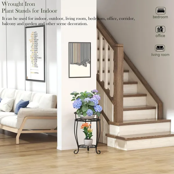 Black_Veakoo_Metal_Plant_Stand_Indoor_Outdoor,2_Tier_Tall_Flower_Pot_Shelf_Planter_Holder_Pedestal_Round_Sheves_Rustproof_Wrought_19.37_Inch_30_x_30_x_49.2_Centimeters