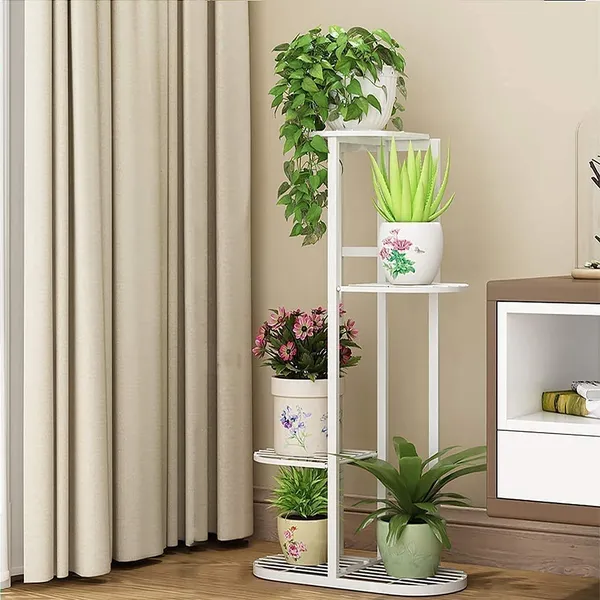 White_Modern_Planter_Stand_Flower_Pot_Rust_Proof_Iron_Metal_Excellent_Finish_Planter_Display_For_Indoor_Balcony_Living_Room_Drawing_Room_(4_Tier_5_Potted)_63.5_x_22.9_x_45.7_Centimeters