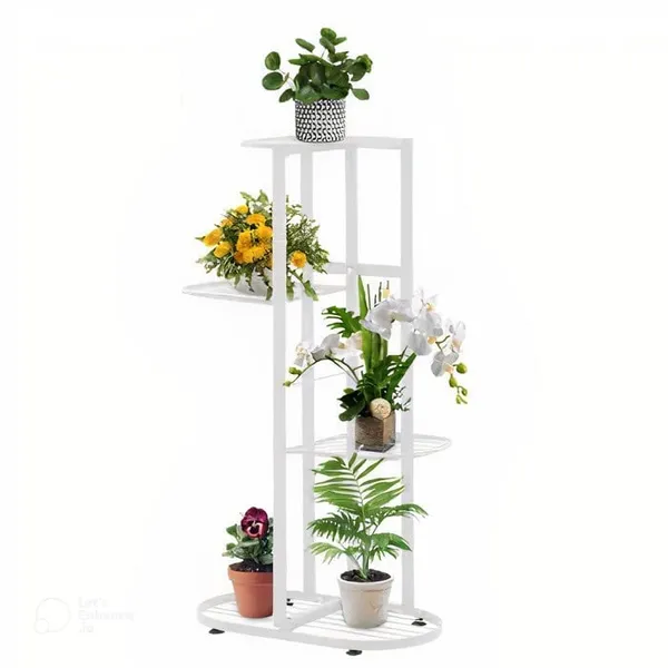 White_Modern_Planter_Stand_Flower_Pot_Rust_Proof_Iron_Metal_Excellent_Finish_Planter_Display_For_Indoor_Balcony_Living_Room_Drawing_Room_(4_Tier_5_Potted)_63.5_x_22.9_x_45.7_Centimeters