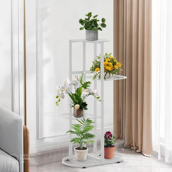 White_Modern_Planter_Stand_Flower_Pot_Rust_Proof_Iron_Metal_Excellent_Finish_Planter_Display_For_Indoor_Balcony_Living_Room_Drawing_Room_(4_Tier_5_Potted)_63.5_x_22.9_x_45.7_Centimeters