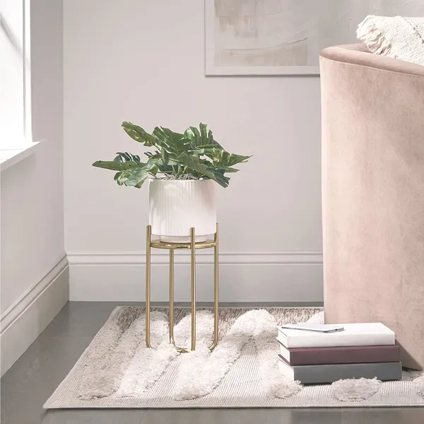 Soft_Brass_Metal_Steel_Modern_12_Inch_Medium_Plant_Stand,_Planter_Holder,_With_Decorative_Crisscross_Design_For_Table,_Floor;_Holds_Indoor/Outdoor_Plants,_Flower_Pot_Stand__17_x_17_x_30_Centimeters