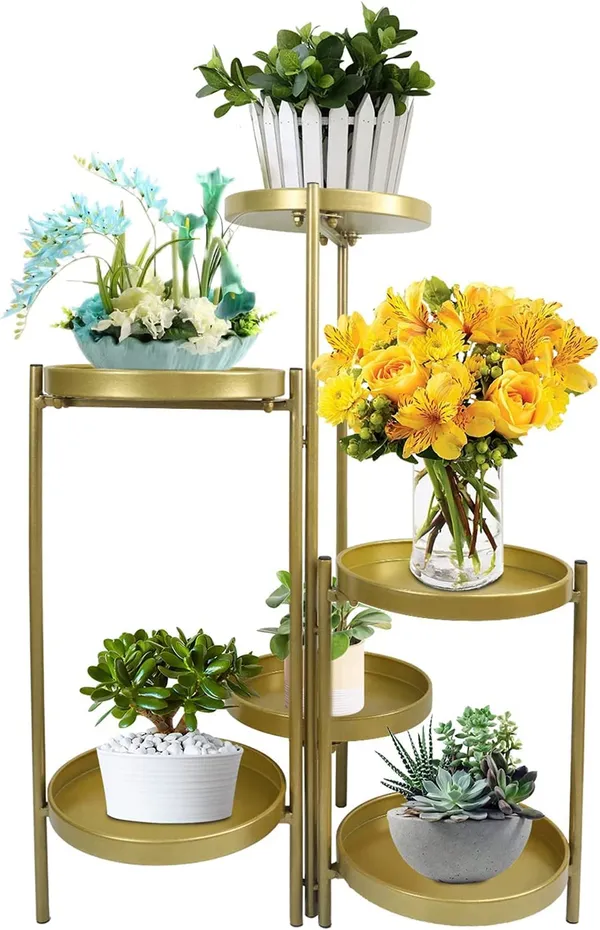 Gold_Tiered_Metal_Plant_Stand,_Gold_Multiple_Flower_Pot_Holder_Shelves_Planter_Rack,_Storage_Organizer_Display_For_Indoor_Outdoor_Garden_Balcony(Not_Include_Plants)__25_x_25_x_70_Centimeters