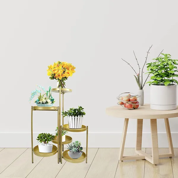 Gold_Tiered_Metal_Plant_Stand,_Gold_Multiple_Flower_Pot_Holder_Shelves_Planter_Rack,_Storage_Organizer_Display_For_Indoor_Outdoor_Garden_Balcony(Not_Include_Plants)__25_x_25_x_70_Centimeters