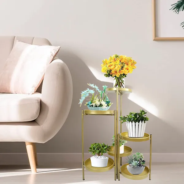 Gold_Tiered_Metal_Plant_Stand,_Gold_Multiple_Flower_Pot_Holder_Shelves_Planter_Rack,_Storage_Organizer_Display_For_Indoor_Outdoor_Garden_Balcony(Not_Include_Plants)__25_x_25_x_70_Centimeters