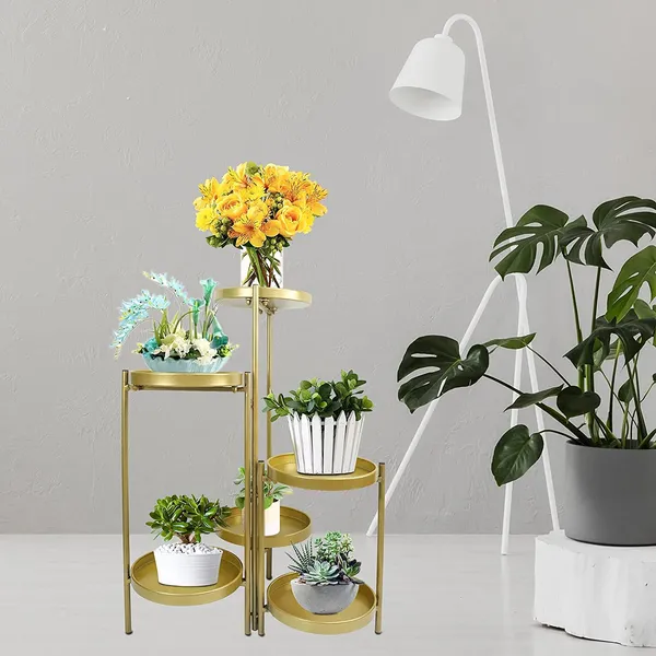 Gold_Tiered_Metal_Plant_Stand,_Gold_Multiple_Flower_Pot_Holder_Shelves_Planter_Rack,_Storage_Organizer_Display_For_Indoor_Outdoor_Garden_Balcony(Not_Include_Plants)__25_x_25_x_70_Centimeters