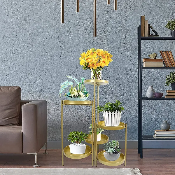 Gold_Tiered_Metal_Plant_Stand,_Gold_Multiple_Flower_Pot_Holder_Shelves_Planter_Rack,_Storage_Organizer_Display_For_Indoor_Outdoor_Garden_Balcony(Not_Include_Plants)__25_x_25_x_70_Centimeters