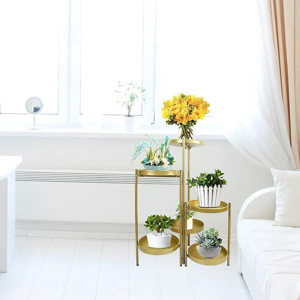 Gold_Tiered_Metal_Plant_Stand,_Gold_Multiple_Flower_Pot_Holder_Shelves_Planter_Rack,_Storage_Organizer_Display_For_Indoor_Outdoor_Garden_Balcony(Not_Include_Plants)__25_x_25_x_70_Centimeters