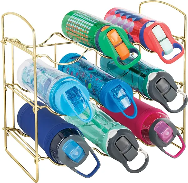 Gold_Metal_Water_Bottle_Rack_Storage_Organizer_For_Kitchen_Countertops,_Pantry,_Fridge_-_Stores_Wine,_Beer,_Pop/Soda_-_3_Levels,_Each_Holds_9_Bottles,_Free-Standing____36L_x_20W_x_36H_Centimeters