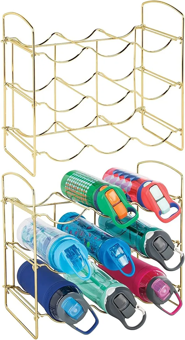 Gold_Metal_Water_Bottle_Rack_Storage_Organizer_For_Kitchen_Countertops,_Pantry,_Fridge_-_Stores_Wine,_Beer,_Pop/Soda_-_3_Levels,_Each_Holds_9_Bottles,_Free-Standing____36L_x_20W_x_36H_Centimeters