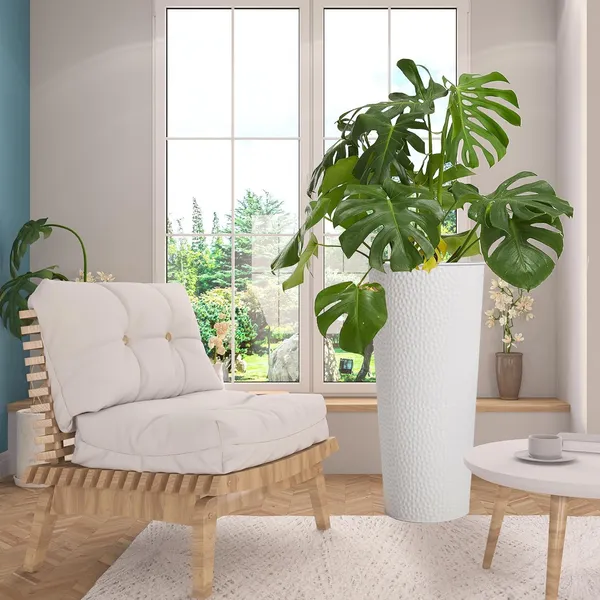 White_Metal_Planters_With_Inner_Pots_Hand_Hammered_Tall_Plant_Containers_For_Indoor/Outdoor,_Garden,_Patio,_Porch,_Balcony_Large_Decorative_Flower_Pots,_Modern_23L_x_23W_x_50H_Centimeters