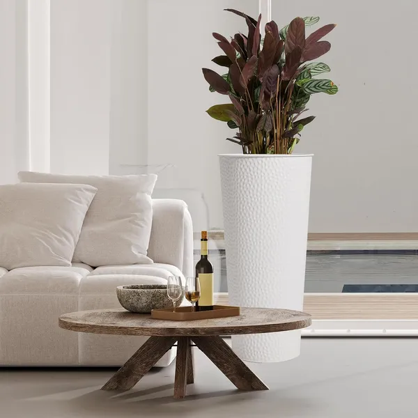 White_Metal_Planters_With_Inner_Pots_Hand_Hammered_Tall_Plant_Containers_For_Indoor/Outdoor,_Garden,_Patio,_Porch,_Balcony_Large_Decorative_Flower_Pots,_Modern_23L_x_23W_x_50H_Centimeters