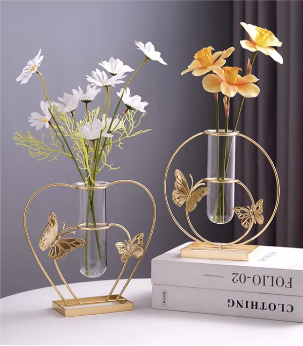 Multicolor_2_Pcs_Gold_Geometric_Vase,_Centerpieces_Vases_For_Decor,_Wire_Vase_Glass_Test_Tube,_Hydroponic_Vase,_Silhouette_Vase,_Modern_Vases,_Butterfly_Vase_19.L_x_7.3W_x_20.8H_Centimeters