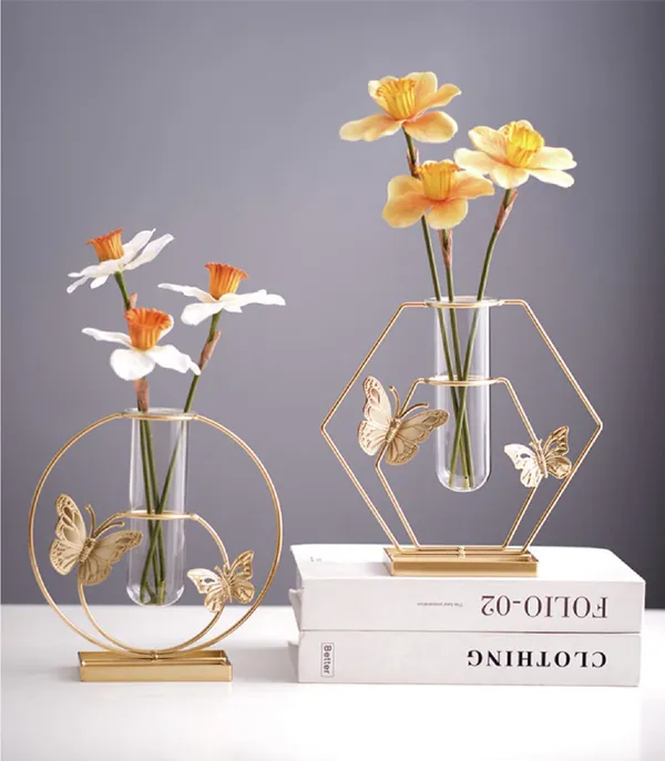 Multicolor_2_Pcs_Gold_Geometric_Vase,_Centerpieces_Vases_For_Decor,_Wire_Vase_Glass_Test_Tube,_Hydroponic_Vase,_Silhouette_Vase,_Modern_Vases,_Butterfly_Vase_19.L_x_7.3W_x_20.8H_Centimeters