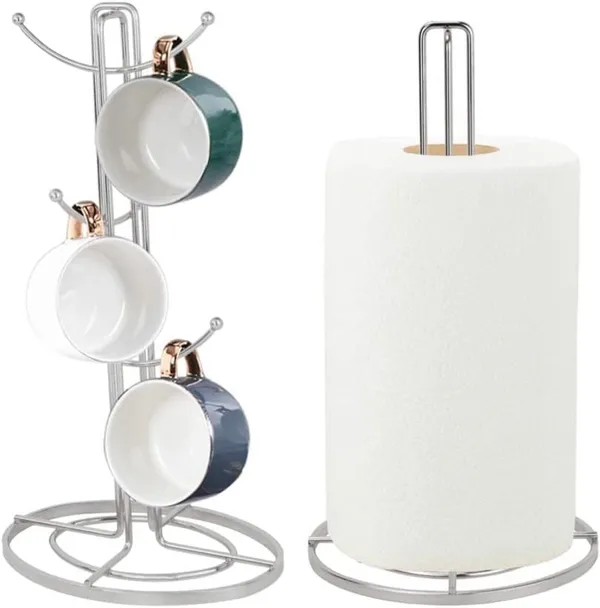 Silver_Set_Of_6_Cup_Mug_Tree_Stand_And_Linear_Kitchen_Roll/Paper_Towels_Holder_Stainless_Steel_-_Coffee_Tea_Cups_Mugs_Draining_Rack|Kitchen_Storage_Accessories____20_x_10_x_10_cm;_453.59_g