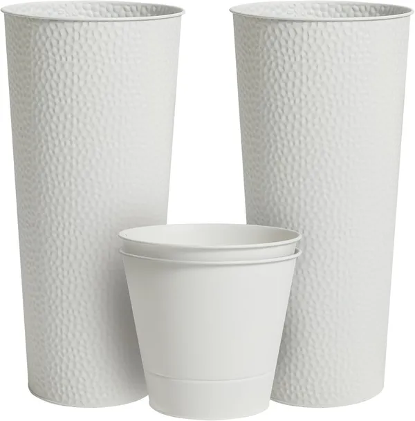 White_Metal_Planters_With_Inner_Pots_Hand_Hammered_Tall_Plant_Containers_For_Indoor/Outdoor,_Garden,_Patio,_Porch,_Balcony_Large_Decorative_Stands_(2)_23_x_23_x_50_Centimeters