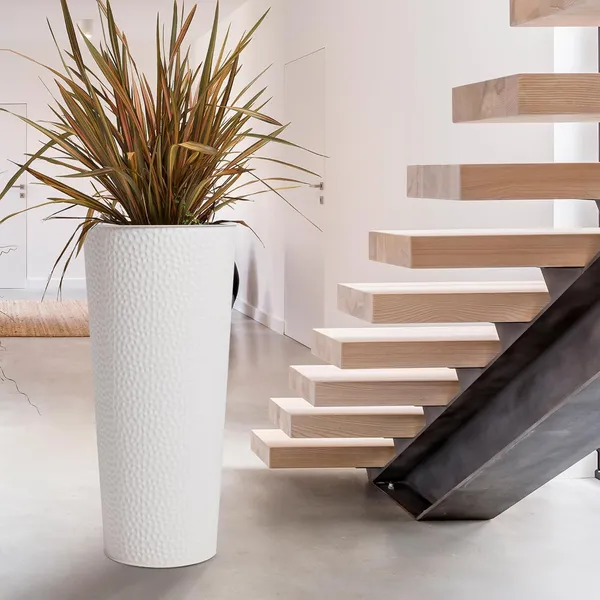 White_Metal_Planters_With_Inner_Pots_Hand_Hammered_Tall_Plant_Containers_For_Indoor/Outdoor,_Garden,_Patio,_Porch,_Balcony_Large_Decorative_Stands_(2)_23_x_23_x_50_Centimeters