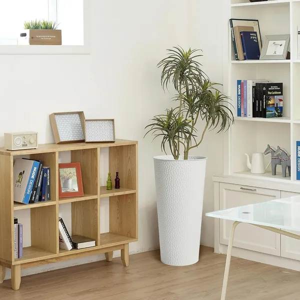 White_Metal_Planters_With_Inner_Pots_Hand_Hammered_Tall_Plant_Containers_For_Indoor/Outdoor,_Garden,_Patio,_Porch,_Balcony_Large_Decorative_Stands_(2)_23_x_23_x_50_Centimeters