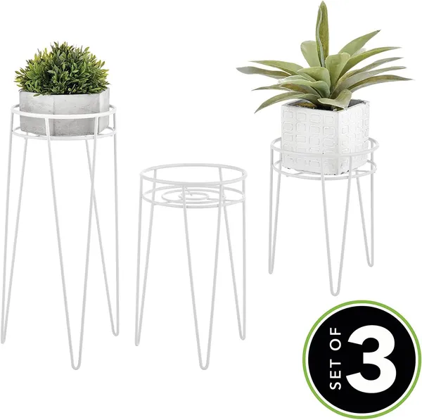 White_Set_Of_3_Metal_Indoor/Outdoor_Plant_Stands_-_Modern_Plant_Stand_With_Hairpin_Legs_For_Flowers,_Plants,_Greenery,_Succulents,_Pot_Containers,_Concerto_Collection__7_x_7_x_42_Centimeters