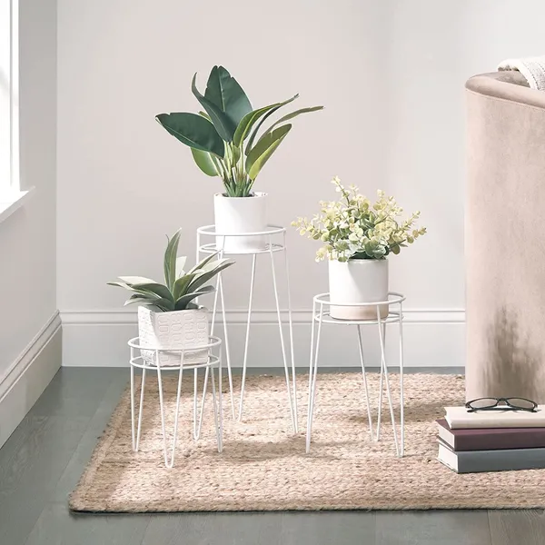 White_Set_Of_3_Metal_Indoor/Outdoor_Plant_Stands_-_Modern_Plant_Stand_With_Hairpin_Legs_For_Flowers,_Plants,_Greenery,_Succulents,_Pot_Containers,_Concerto_Collection__7_x_7_x_42_Centimeters