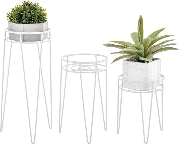 White_Set_Of_3_Metal_Indoor/Outdoor_Plant_Stands_-_Modern_Plant_Stand_With_Hairpin_Legs_For_Flowers,_Plants,_Greenery,_Succulents,_Pot_Containers,_Concerto_Collection__7_x_7_x_42_Centimeters