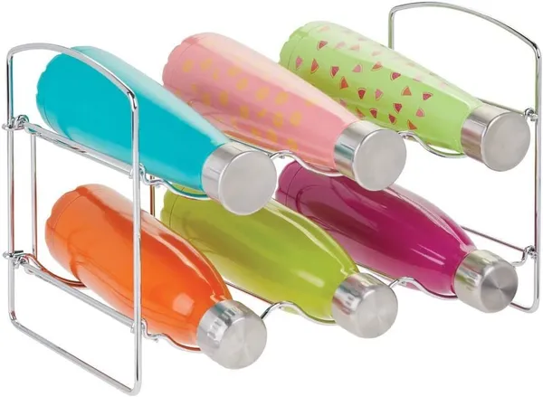 Silver_Metal_Water_Bottle_Rack_Storage_Organizer_For_Kitchen_Countertops,_Pantry,_Fridge_-_Stores_Wine,_Beer,_Pop/Soda_-_2_Levels,_Each_Holds_6_Bottles,_Free-Standing_20L_x_36W_x_25H_Centimeters