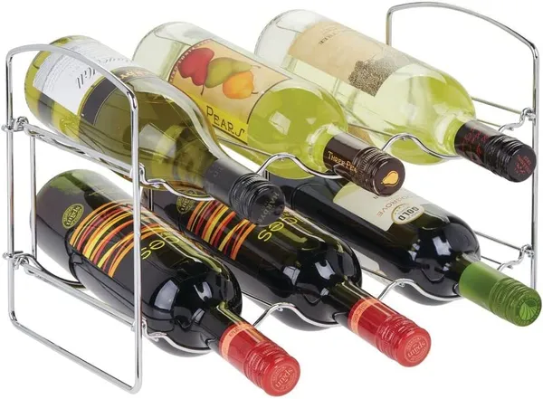 Silver_Metal_Water_Bottle_Rack_Storage_Organizer_For_Kitchen_Countertops,_Pantry,_Fridge_-_Stores_Wine,_Beer,_Pop/Soda_-_2_Levels,_Each_Holds_6_Bottles,_Free-Standing_20L_x_36W_x_25H_Centimeters