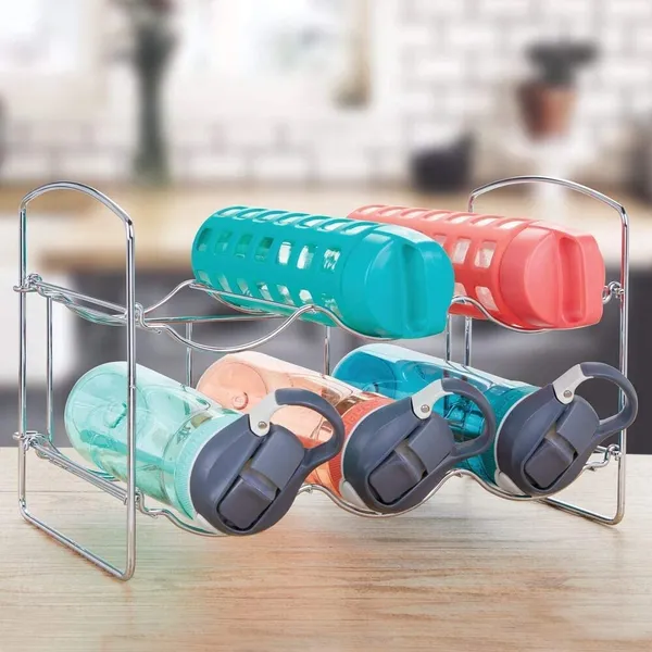 Silver_Metal_Water_Bottle_Rack_Storage_Organizer_For_Kitchen_Countertops,_Pantry,_Fridge_-_Stores_Wine,_Beer,_Pop/Soda_-_2_Levels,_Each_Holds_6_Bottles,_Free-Standing_20L_x_36W_x_25H_Centimeters