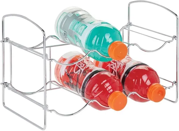 Silver_Metal_Water_Bottle_Rack_Storage_Organizer_For_Kitchen_Countertops,_Pantry,_Fridge_-_Stores_Wine,_Beer,_Pop/Soda_-_2_Levels,_Each_Holds_6_Bottles,_Free-Standing_20L_x_36W_x_25H_Centimeters